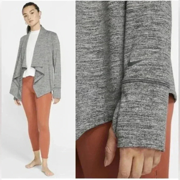 Nike Dri-Fit Cardigan Open Front Waterfall Yoga Wrap Long Sleeve Sweater Gray - Picture 3 of 8